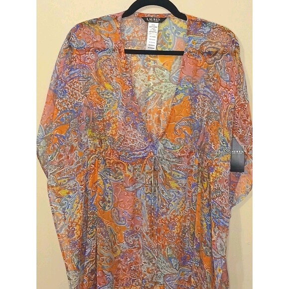 Lauren Ralph Lauren Cover-up Sz XS Midi Caftan Sheer Paisley Floral Multi $135 - Picture 10 of 16
